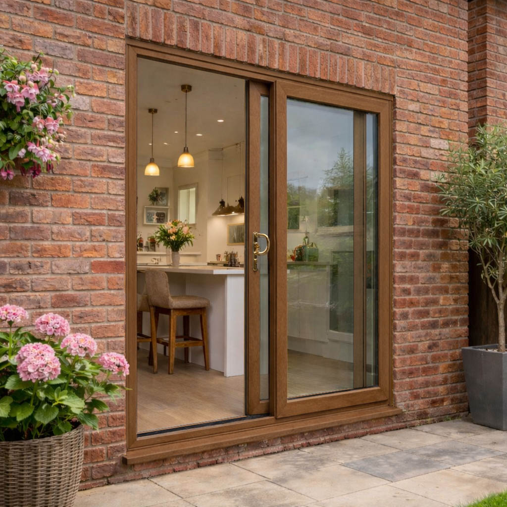 Oak Sliding uPVC Patio Doors - Open