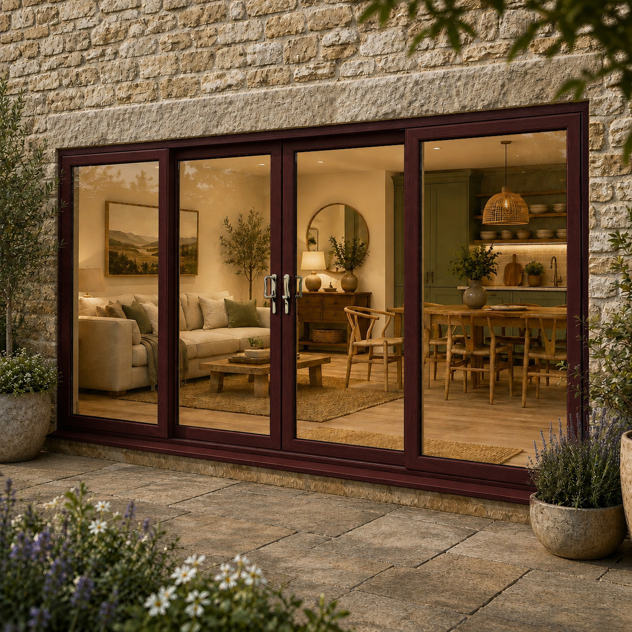 Rosewood 4 pane uPVC Sliding Patio Doors