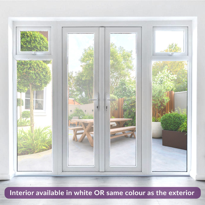 Colour French Doors with short opening sidelights, internal view
