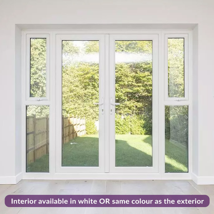 Colour French Doors with long opening sidelights, internal view